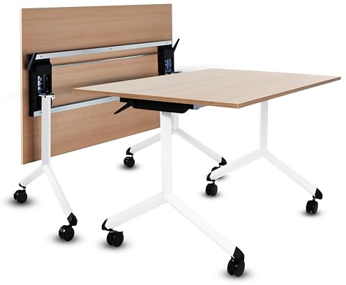 FIX 2 PLACE Klappbarer Bürotisch mit 360° Feststell-Rollen | 120 x 80 cm Sonoma-Eiche | Weisses Gestell | 1 STK. | Besprechungs-, Arbeits- & Schreibtisch | platzsparend & mobil | einfache Montage
