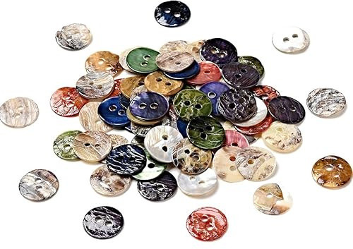 50 hochwertige Perlmuttknöpfe, Akoya-Muschelknopf, 10mm (1,0cm) gefärbt Mischfarbe rund im bunten farblichen Mix Zweilochknöpfe a 1,5mm je Loch – 2-Loch-Knöpfe zum basteln nähen annähen Bastelknöpfe