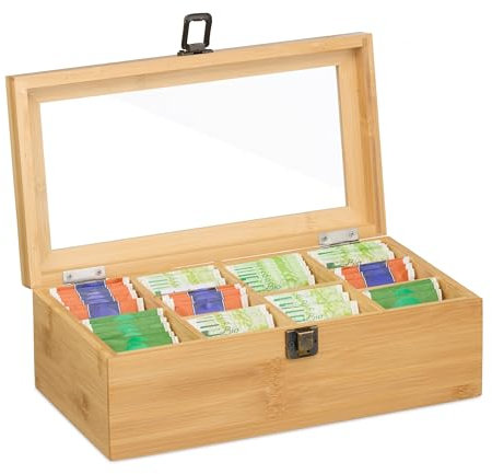 Relaxdays Teebox 10 Fächer, Tee Aufbewahrung, Bambus, Sichtfenster, Trennwände entnehmbar, HBT: 10 x 29,5 x 17 cm, Natur