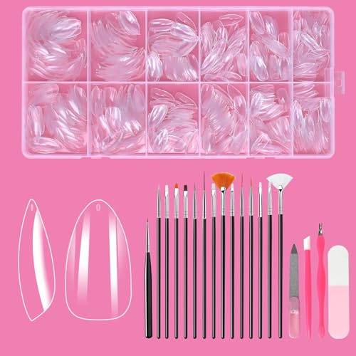 DOINEUFL Capsule Americaine Ongle – 600 Pièces Capsules Ongles en 10 Tailles, 15 Pinceaux Nail Art, 4 Outils Manucure, Convient aux débutants en nail art DIY Manucure Complet pour la maison (Amande)