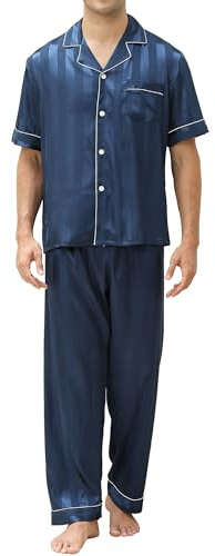 Reliwel Pyjamas, herr, lång satin, pyjamas-set, tvådelad, långärmad, knappslå hemmadräkt och pyjamasbyxor, sidenpyjamas, nattkläder, män, hemmakläder, sovkläder, loungewear, Marin ränder, XL
