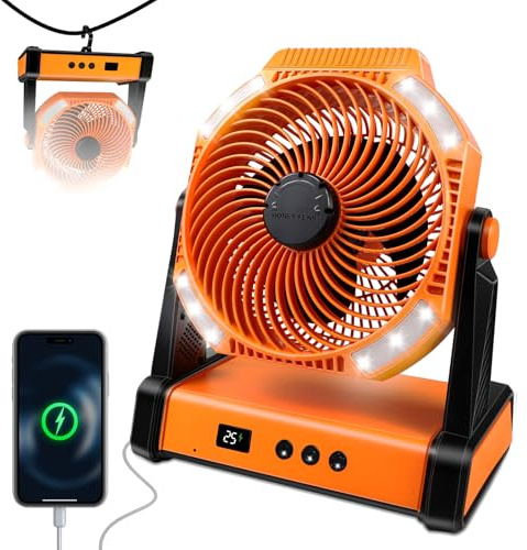 HONEYYEAR Camping Ventilator, 22500mAh Wiederaufladbarer Ventilator mit LED Licht & Haken, 270° Drehung, Stufenlose Geschwindigkeit, Timer-Modus, USB Tischventilator für Indoor Outdoor