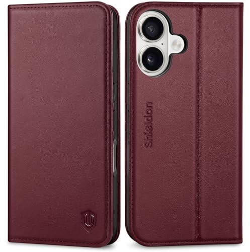 SHIELDON Echtleder Hülle für iPhone 17 6,3 5G 2025, Weinrot | Lederhülle, Magnetverschluss, Kartenschlitz, Ständer, RFID-Blocker, Handy-Ösen, Cover Etui, TPU Case, Klapphülle