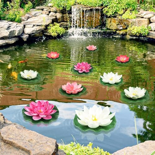 JACKANNA 10 Stück Seerosen Künstlich, Wasserpflanzen Miniteich,Teichpflanzen Künstlich, Teichdeko Miniteich,Schwimmende Blumen für Aquarium Terrasse Garten Pool Garten Teich (10 Blumen)