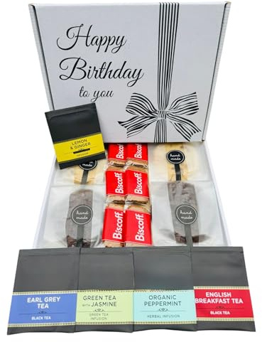 Luxury Birthday Tea Gift Set – Includes 5 Premium Teas, Biscoff Biscuits & Handmade Cookies – Birthday Hamper for Women & Men – Tea Lover’s Gift Box with Lemon & Ginger, Earl Grey, Peppermint