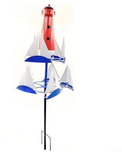 Yuanpgky Moulin à vent d'extérieur – Décoration de jardin unique avec motif de bateau à voile rotatif pour cour, cour et paysage côtier (rouge, blanc)