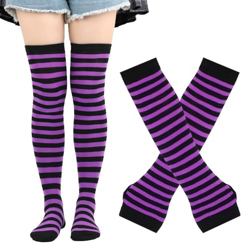 Gestreifte Overknee Socken und Fingerlose Handschuhe Set für Damen Mädchen,Lange Strümpfe Armstulpen für Cosplay,Streifen Kniestrümpfe,Kostüm für Halloween Karneval Weihnachten Party,Schwarz Lila
