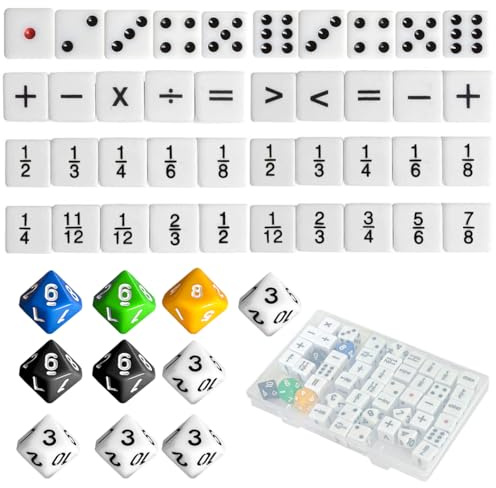 Juego de 50 dados de matemáticas, 16 mm de acrílico con 10 dados de números, 10 dados de puntos, 10 dados de operación, 10 dados de rotura y 10 juegos educativos de 10 lados para ejercicios de cálculo