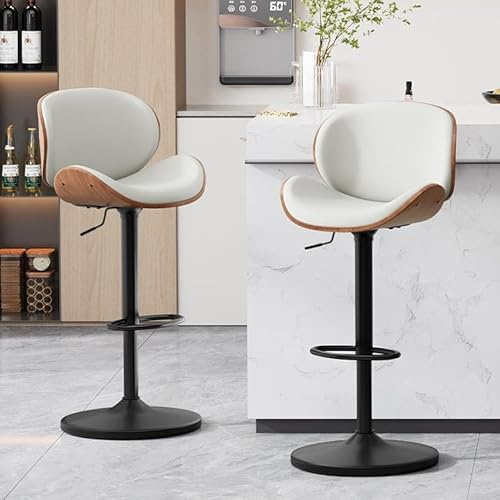 Ckaff Barhocker 2er Set, Barstuhl Höhenverstellbar aus Kunstleder & Massivholz, 360°Drehstuhl Küchenstuhl mit Rückenlehne und Fußstütze für Küche, Bar, Wohnzimmer, Weiß