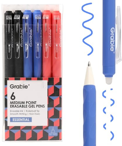 Grabie Erasable Gel Pens, 6 Pack Black Blue Red 0.7 mm Pens