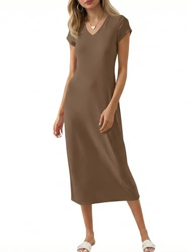 Wenrine Abito midi da donna a maniche corte, scollo a V, tinta unita, estivo, T-shirt dress, caffè, XL