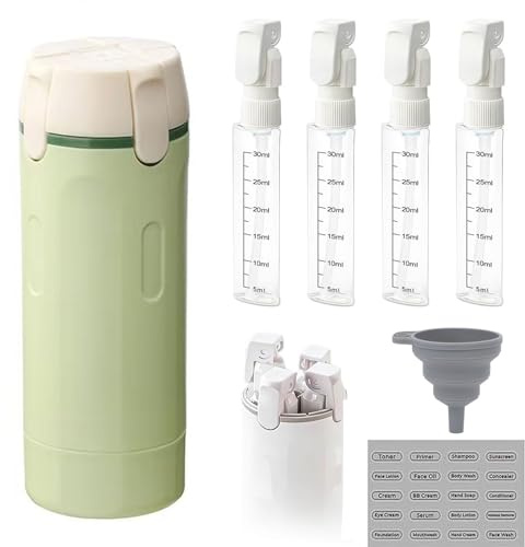 BRTNUP Distributeur de bouteilles de voyage 4 en 1, rechargeables avec échelle et étiquette, conteneurs de toilette portables anti-fuite pour shampooing, lotion, après-shampooing, crème, liquide (vert