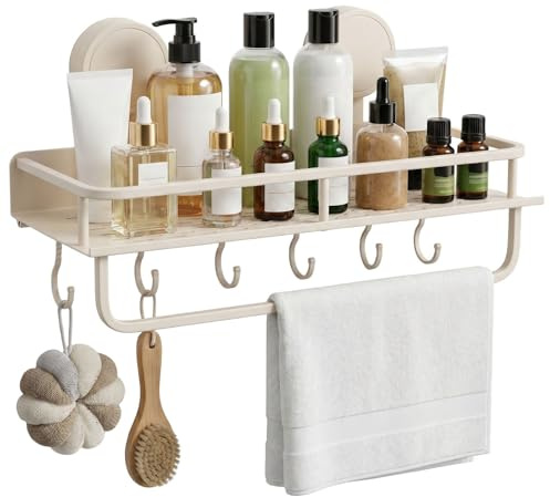 KAGEYMB Estante de Ducha con Ventosa, Estantería Ducha sin Taladro, Estante de Baño con Ventosa y 6 Ganchos, Cesta de Ducha con Capacidad de Carga de 5 kg, para el Baño y la Cocina