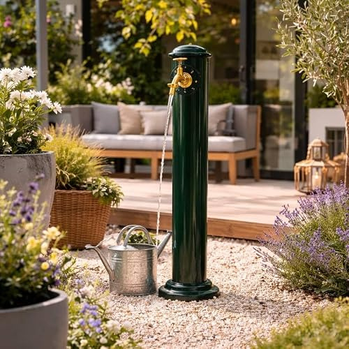 Colonne extérieure Fontaine de Jardin en Acier et Fonte Vert et Robinet Fonctionnel en Laiton 17,5x17,5x90cm
