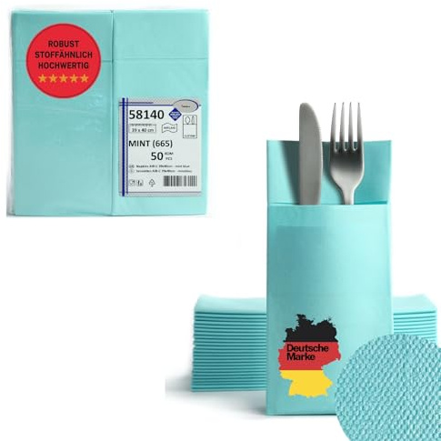 AROBA 50 Stück Vorgefaltete Airlaid Besteckservietten - 39x40 cm Stoffähnliche Einweg-Bestecktaschen mit Serviette, Robust & Besonders Saugstark - für Catering, Events, Hotel & Party - Hellblau