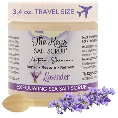 The Keys Salt Scrub - Lavender Sea Salt Scrub - Exfoliating Body Scrub with Wooden Spoon - Moisturizing Exfoliator for Face, Hands, Foot, Bath, Manicure & Pedicure, and Bikini Area Skin Care (3.4 oz.)