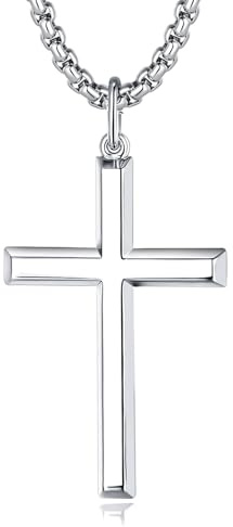 FANCIME Cross Necklace for Men Women Silver Cross Necklaces Sterling Silver Cross Pendant High Polished Plain Mens Big Large Gifts For Boys,With Strong Stainless Steel Box Chain Length 24 Inch