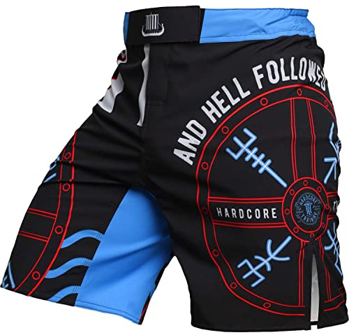 Hardcore Training Fight Shorts Men's Boxing MMA Combat BJJ Grappling Fitness Muay Thai Kickboxing No Gi UK Alpha Regular (UK, Alpha, XS, Regular, Regular, Black Blue)