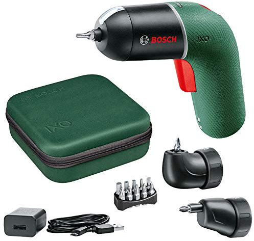 Bosch Akkuschrauber IXO Set (6. Generation, grün, mit IXO-Winkel- und IXO-Exzenteraufsätzen, variable Drehzahlsteuerung, über Mikro-USB-Kabel aufladbar, in Tasche)
