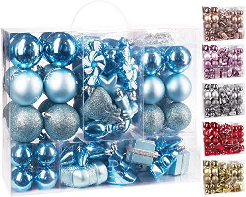 BRUBAKER 77-teiliges Set Weihnachtskugeln Christbaumschmuck - Kunststoff Hellblau/Silber