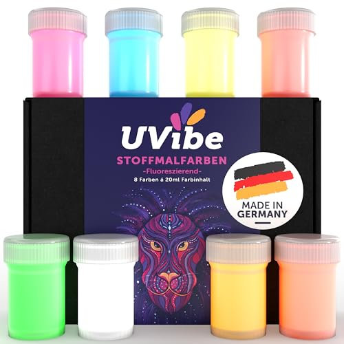 UVIBE Stoffmalfarben Textilfarbe Waschmaschinenfest - 8 x 20ml Knallige UV Stofffarbe für Leuchtend Coole T-Shirts und weitere Textilien - MADE IN GERMANY - Strahlende Schwarzlicht Textilfarben