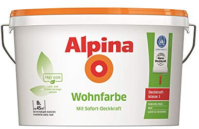 Alpina Wohnfarbe Wandfarbe Silikatfarbe hohe Deckkraft-Klasse 1, weiß matt, 8 l (1er Pack)