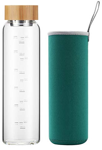 sunkey Glasflasche 1 Liter Trinkflasche aus Borosilikat Glas mit Schutzhülle Bambusdeckel, Wasserflasche mit Zeitmarkierungen To Go 1000ml (Grün)