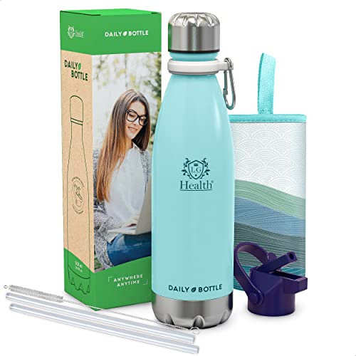 LG Luxury & Grace Botella de Agua en Acero Inoxidable 500 ml. Botella Térmica sin BPA para Bebidas Frías y Calientes. Cantimplora de Doble Pared y Cierre Hermético. Funda de Neopreno + Mosquetón.