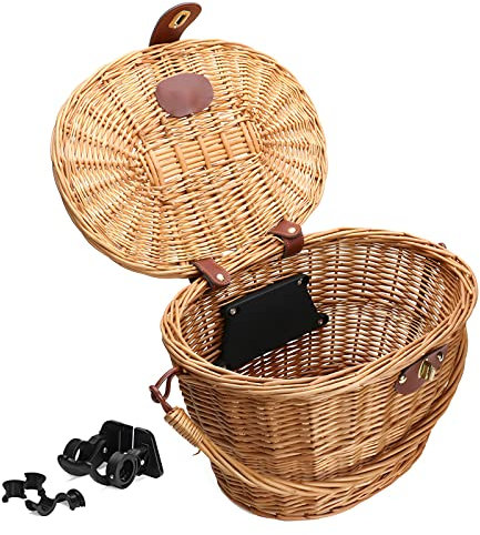 Fahrradkorb Vorne Rattan, Große Kapazität 20L Fahrrad Korb Fuer Vorne mit Deckel/Halterung/Tragegriff, Abnehmbar Weidenkorb Geflochten, Vorderradkorb Radkorb für Erwachsene, Braun