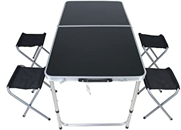 INDA-Exclusiv 5tlg. Campingmöbel Set Aluminium Outdoor Camping L120xB60xH70cm Campingtisch höhenverstellbar Tragegriff 4 Klapphocker, Farben:Schwarz