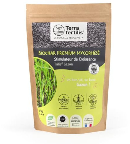 Terra Fertilis - Fertilisant Plantes spécial Gazon - à base de Biochar Mycorhizé - Favorise la germination et la levée - Améliore la densité et la résistance du gazon - Sac 1 kg