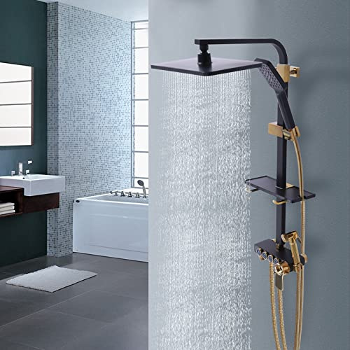 Duschsystem mit Thermostat Mischbatterie, Duscharmatur Duschset Regendusche mit 3 Funktion Handbrause und Überkopfbrause, Verstellbarer Duschstange, Schwarzgoldenes Duschset mit Regal
