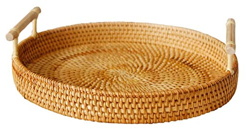 Plateau Rond En Rotin, Plateau De Service Rond En Rotin Tissé à la Main, Panier De Collations Avec Poignées Pour Servir du Pain, des Légumes, des Collations(L)