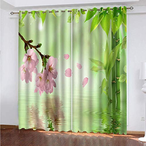 MAYNUO Blickdichte Vorhänge Mit Motiv 3D Rosa Blume Bambusblatt Kinder Gardinen Blickdicht Ösen Gardine Thermo 264x214 cm Schlafzimmer Kinderzimmer Vorhänge Dekoratives Muster, Verdunklungsvorhänge