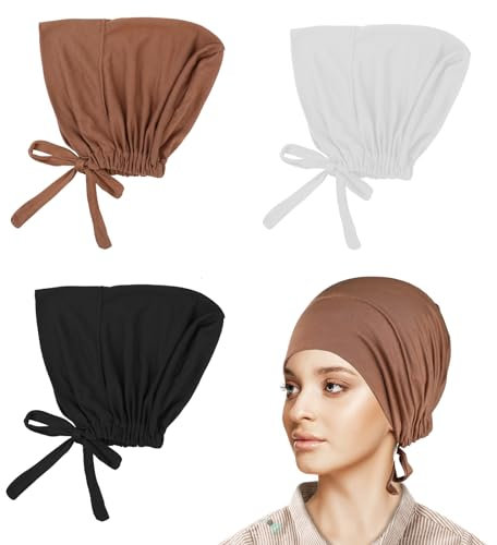 Molain 3 Stück Hijab Untertuch, muslimische kleider damen hijab, sommer kopftuch damen Elastische Atmungsaktive kopftücher Hijab Cap mit Tie-Back-Verschluss für Frauen (Schwarz+Khaki+Weiß)