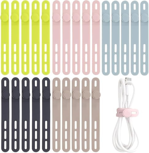 Oligei 25 Pcs Silicone Cable Ties, Cable Ties Reusable, High Elasticity Cord Wraps for Electrical Cords, Cord Organizer for Earphone, Phone Charger(Colorful)