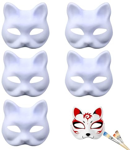 5 Stück Therian Mask,Cat Mask,Katzenmaske,Katzen Maske Masken,Katzenmasken Zum Bemalen,Anmalen Weiße Diy,Papiermasken Bemalbare Kinder Basteln,für Fasching Decorating Painting Masquerade Cosplay Party
