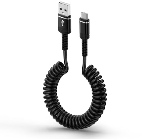 Spiralkabel USB A auf C Auto Kabel, Typ C Handy Ladekabel Schnellladekabel | USB C Auto Kabel für Samsung Galaxy S26 Ultra S25 S24 S23FE A56 A55 5G A54 A53 A36 A35 A34 A17 5G A16, iPhone 17Pro Max 16 15