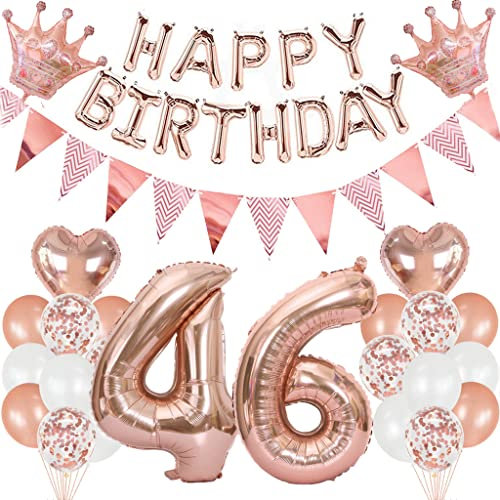 Feelairy Geburtstagsdeko 46 Jahre Frau, Luftballon 46. Geburtstag Deko Frauen, Folienballon Zahl 46 Rosegold, Helium Ballons Happy Birthday Banner, Ballon 46 Deko zum Geburtstag Frauen Party Deko
