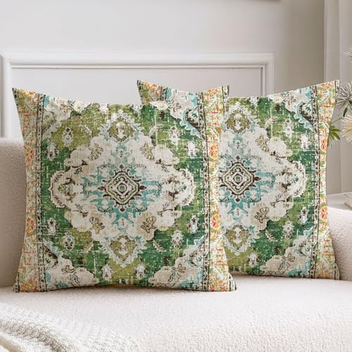 Vorysum 2er Set Kissenbezug 50x50 cm Grün Boho Kissenbezüge Abstrakte Deko Kissen Vintage Kissenhülle Doppelseitiges Muster Dekorative Samt Kissen für Garten Sofa Bett Kissenhüllen