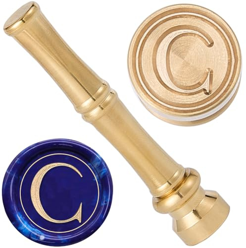 craspire Tampon de Sceau de Cire C 15mm en Métal Doré et Laiton Rétro Vintage avec Manche en Bambou pour Cartes de Thanksgiving Enveloppes Invitations de Mariage