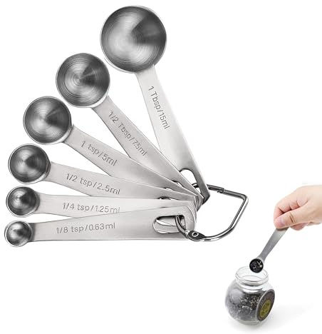 6 medidoras Juego de Juego de Cucharas Medidoras de Acero Inoxidable 18/8 (1/8 tsp, 1/4 tsp, 1/2 tsp, 1 tsp, 1/2 tbsp & 1 tbsp) para Ingredientes Secos y Líquidos