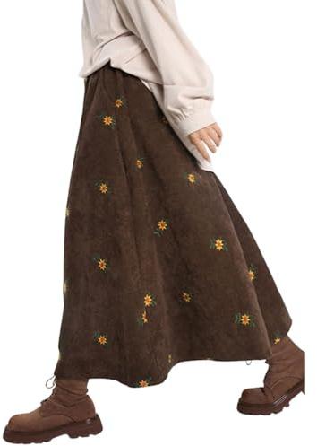 Générique Femmes Jupe Longue en Velours Côtelé à Brodées Florales Doux Jupe Trapèze avec Poches Taille Haute A-Line Jupes Confortable Chic et Elegant (Brown, L)