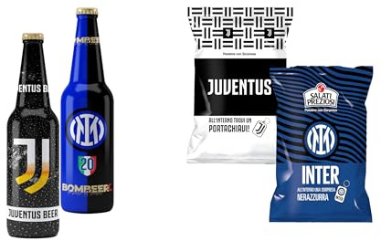Bombeer PARTITA JUVENTU.S VS INTE.R 2 Bottiglie da 33cl + 2 Patatine da 25gr - 1 Bottiglia e 1 Patatina per Squadra - Birra Originale By Christian Vieri - Puro Malto Bottiglie di Vetro - Made in Italy