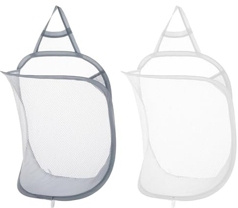 TRKETK 2 Piezas Cestas Plegables de Malla para la Colada, Plegable para Colgar la Ropa Sucia Malla para Ropa Sucia Bolsa de Almacenamiento Montada en la Pared para El Hogar, Hotel, Viajes(Blanco+Gris)