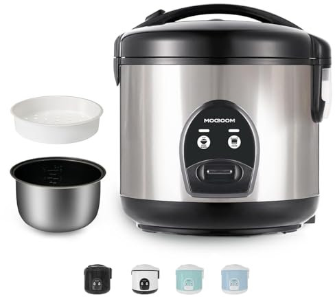 MOOSUM Olla Arrocera Electrica y Vaporera con Función de Mantenimiento del Calor, 1,8L - Para 3-10 Personas - Revestimiento de Cerámica - cuchara de arroz y vaso medidor, Plata