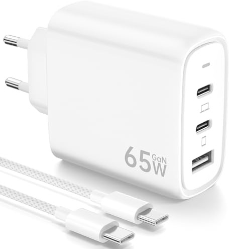65W Ladegerät USB C Netzteil PPS Schnellladegerät 3-Port GaN PD Ladegerät, USB A und Typ C Charger mit 2M Typ C Kabel für iPhone 17/16/15, für Galaxy S25/S24/23/S22, für MacBook Pro/Air, etc