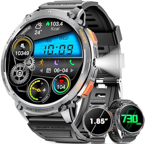 Reloj Inteligente Hombre con Linterna, 1.85 HD Reloj Militar Hombre con 730 mAh Batería(7-50 días), Smartwatch con Llamadas Bluetooth/110+ Deportivos/Monitor Sueño/Pulsómetro/SpO2 para iOS Android