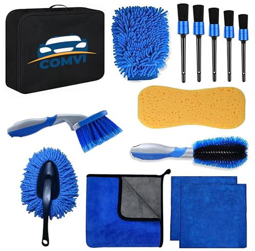 Maqash Car Cleaning Kit 14Pcs - Car washing Kit with 5 Detailing Brush (Interior & Exterior Products)- Car Wheel & Rim Brush for Perfect Wash - Microfiber Towels for Car Care - Gifts for men/women