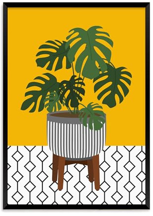 Monstera Plant Wall Art Print,Mustard Yellow Background, Black or White Frame, Modern Botanical Geometric Pattern (A3 Print Only)